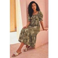 Roman Women's Coral Print Shirred Midi Dress in Khaki | Size: 14