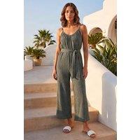 Roman Women's Petite Textured Cropped Jumpsuit in Khaki | Size: 16