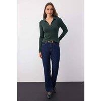 WOVCOR Women's Polo Collar Ribbed Knit Sweater in Green | Size: Small