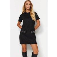 WOVCOR Women's Crew Neck Mini Suede Knit Dress Stone Detail in Black | Size: 2XL