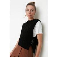 WOVCOR Women's Cable Knit Cropped Sweater Vest with Side Tie Detail in Black | Size: Small