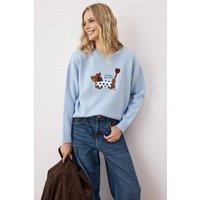 WOVCOR Women's Embroidered Dog Motif Crew Neck Knit Jumper in Blue | Size: Small