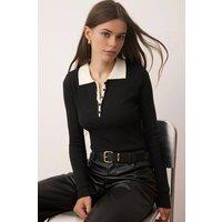 WOVCOR Women's Slim Fit Ribbed Knit Sweater with Button Collar in Black | Size: Large