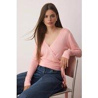 WOVCOR Women's Wrap Neck Tie Detail Cropped Fine Knit Sweater in Pink | Size: Small