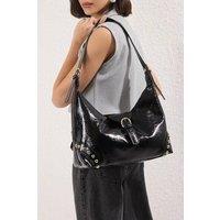 WOVCOR Women's Studded Patent Buckle Hobo Shoulder Bag in Black