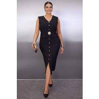 WOVCOR Women's Button Front Belted V-Neck Midi Dress with Front Slit in Black | Size: 18