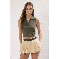 WOVCOR Women's Collared Sleeveless Ribbed Crop Top in Khaki | Size: Medium