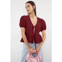 WOVCOR Women's Tie Front Short Sleeve Smock Shirt in Burgundy | Size: 6