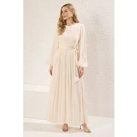 WOVCOR Women's Long Sleeve Draped Waist Maxi Dress in Ecru | Size: 12