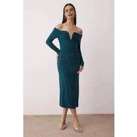 WOVCOR Women's Off Shoulder Ruched Midi Dress in Teal | Size: 10