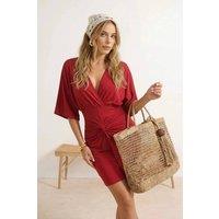 WOVCOR Women's Plunge Neck Twist Detail Mini Beach Dress in Burgundy | Size: XS