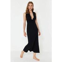 WOVCOR Women's Plunge Halterneck Ribbed Maxi Beach Dress in Black | Size: 14