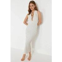 WOVCOR Women's Plunge Halterneck Ribbed Maxi Beach Dress in Ecru | Size: 8
