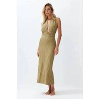 WOVCOR Women's Plunge Halterneck Ribbed Maxi Beach Dress in Khaki | Size: 6