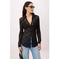 WOVCOR Women's Sheer Lace Button Front Slim Fit Party Shirt in Black | Size: Small