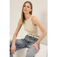 WOVCOR Women's Sleeveless Slash Neck Slim Fit Cropped Stretch Top in Stone | Size: Small