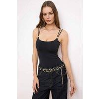WOVCOR Women's Double Strap Scoop Neck Slim Fit Stretch Bodysuit Top in Black | Size: Small