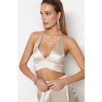 WOVCOR Women's Plunge Halter Satin Ruched Crop Bustier Top in Beige | Size: 8