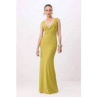 WOVCOR Women's Accessory Detail V Neck Slim Fit Maxi Dress in Olive | Size: 14