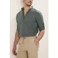 WOVCOR Men's Men's Slim Fit Linen-Look Cotton Roll Sleeve Shirt in Dark Green | Size: 2XL