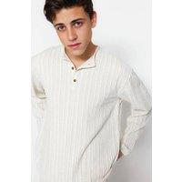 WOVCOR Men's Men's Relaxed Fit Textured Linen Blend Henley Shirt in Ecru | Size: 2XL