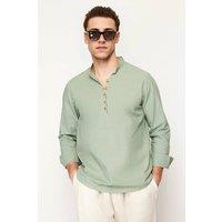WOVCOR Men's Slim Fit Long Sleeve Half Placket Mandarin Collar Shirt in Light Khaki | Size: 2XL