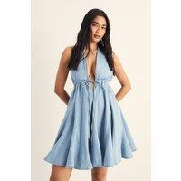 NastyGal Women's Chambray Halter Neck Volume Plunge Mini Dress in Pale Wash | Size: 10