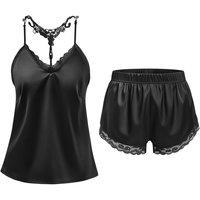 MODISHION Women's Sexy Satin Cami Pyjama Set with Lace Trim in Black | Size: XL