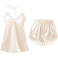 MODISHION Women's Sexy Satin Cami Pyjama Set with Lace Trim in Ecru | Size: XL