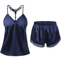 MODISHION Women's Sexy Satin Cami Pyjama Set with Lace Trim in Navy | Size: XL