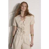 Apricot Women's Linen Scallop Tie-Front Top in Stone | Size: 10
