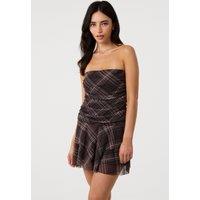 Pink Vanilla Women's Brown Check Bandeau Ruffle Mini Dress | Size: Small