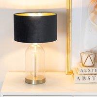 ValueLights Jessy Glass with Gold Trim Table Lamp with Velvet Drum with Gold Shade & Bulb in Black