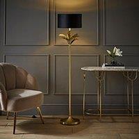 ValueLights Christina Velvet with Gold Metallic Inner Drum Shade Gold Palm Leaf Floor Lamp in Black