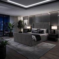 Harmin LUXURY 4ft6 Double Steel Plush Velvet Ottoman Sunshine Winged bed in Dark Grey | Size: EU Double