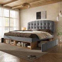 BTM King Upholstered Storage Bed Frame Drawers Adjustable Headboard in Grey | Size: Single