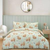 Portfolio Home Daisy Highland Cow Floral Duvet Cover Set With Pillow Case Bedding in Light Green | Size: Double