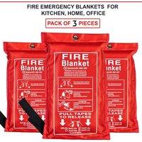 ATEK 3Pcs Emergency Fire Blankets for Home, Fiberglass Fire Resistant 1m x 1m Blanket Soft Case, Kitchen Fire Blanket in Red