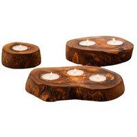 Verano Spanish Ceramics Olive Wood Set of 3 Rustic Tea Light Holders (D) 9cm, 14cm & 20cm in Natural