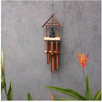 KDMD Handcrafted Bamboo Windchime with Black Buddha in Brown