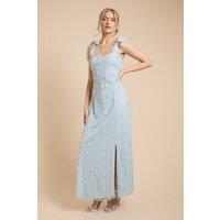 Oasis Women's 3D Floral Linear Beadwork Tie Shoulder Dress in Dusty Blue | Size: 14