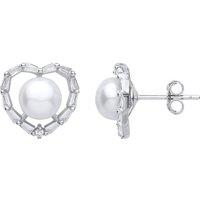 Jewelco London Women's Silver Baguette CZ Pearl Full Moon Love Heart Stud Earrings 7mm