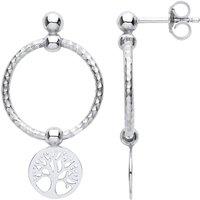 Jewelco London Women's Silver Tree of Life Swing Bead Barked Hoop Drop Earrings
