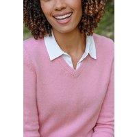 WoolOvers Women's 100% Wool Classic V Neck Jumper in Pink | Size: Medium