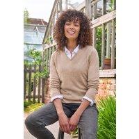 WoolOvers Women's Cashmere & Merino V Neck Knitted Jumper in Camel | Size: XL