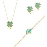 Spero London Women's Best of Luck Four Leaves Clover Sterling Silver Bracelet Necklace & Stud Earrings Set in Gold