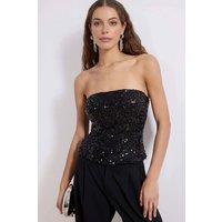 WOVCOR Women's Strapless Sequin Detail Fitted Party Blouse with Structured Fit in Black | Size: 12