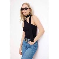 WOVCOR Women's Asymmetric Neck Tie Detail Sleeveless Bodycon Top in Black | Size: Large