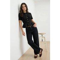 WOVCOR Women's Button Front Peplum Short Sleeve Fitted Top in Black | Size: Medium