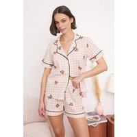 WOVCOR Women's Bear Print Check Short Sleeve Pyjama Lounge Short Set | Size: XS